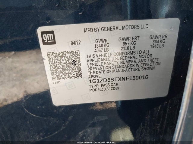 1G1ZD5STXNF150016 Chevrolet Malibu Fwd Lt