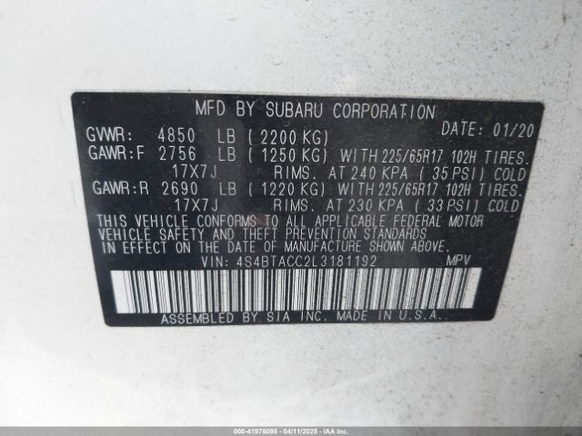 4S4BTACC2L3181192 Subaru Outback Premium