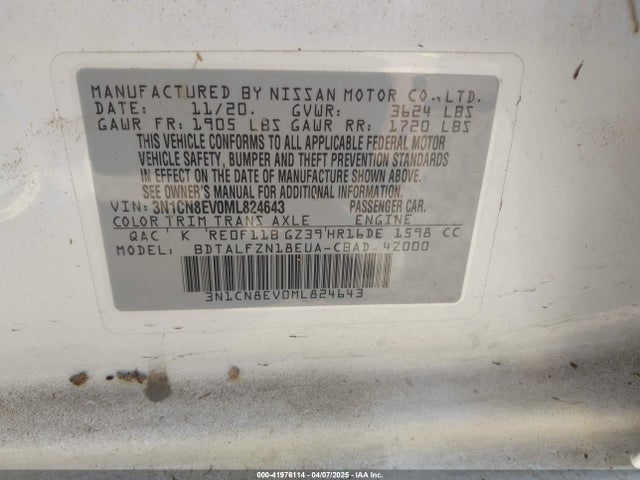 3N1CN8EV0ML824643 Nissan Versa Sv Xtronic Cvt