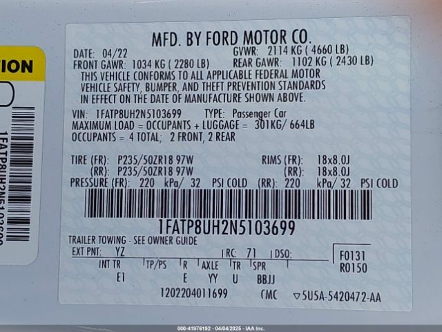 1FATP8UH2N5103699 Ford Mustang Ecoboost Premium