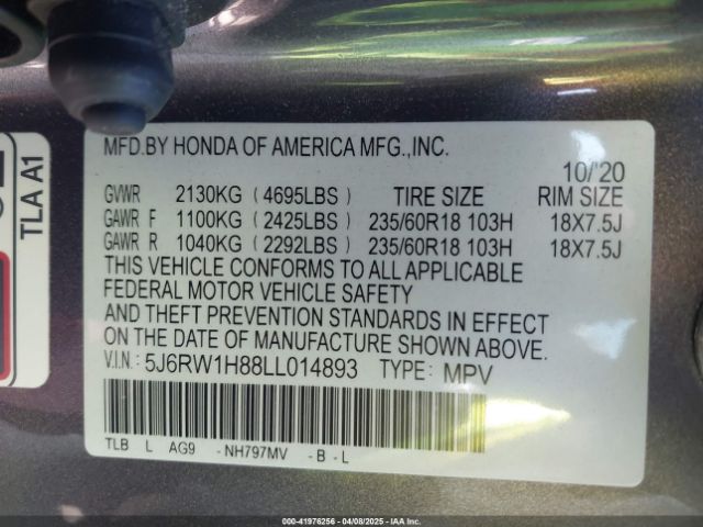 5J6RW1H88LL014893 Honda Cr-v 2wd Ex-l