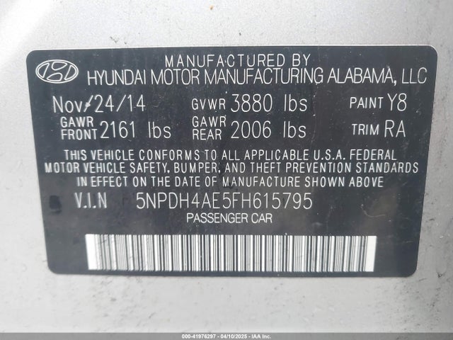 5NPDH4AE5FH615795 Hyundai ELANTRA SE