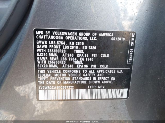 1V2WR2CA1KC567222 Volkswagen Atlas 3.6l V6 Se W/technology