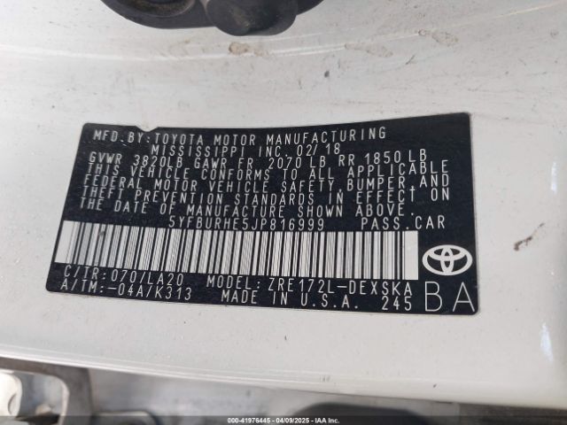 5YFBURHE5JP816999 Toyota Corolla Xse