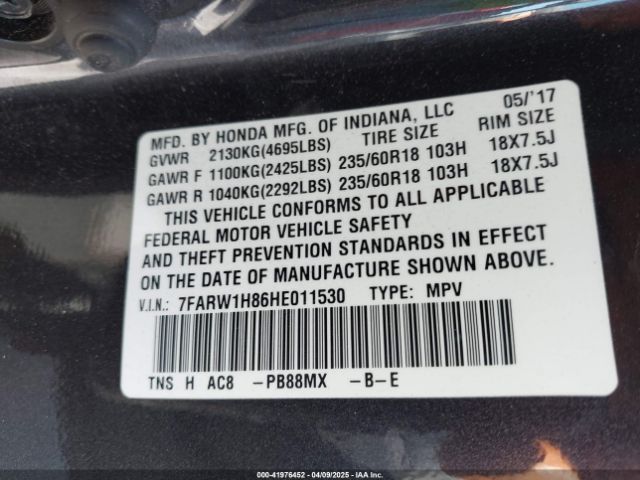 7FARW1H86HE011530 Honda Cr-v Ex-l/ex-l Navi