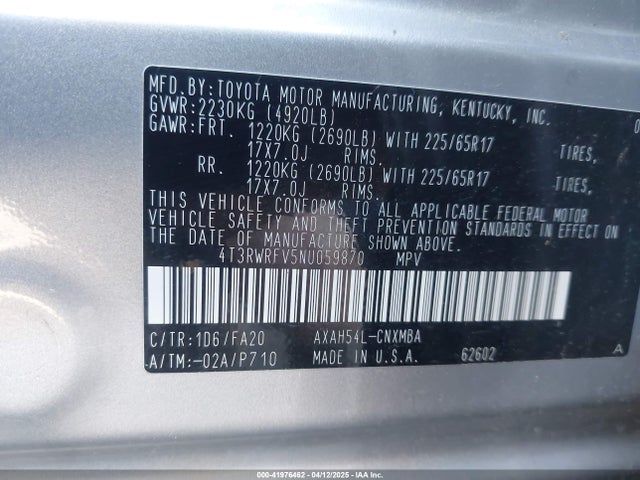4T3RWRFV5NU059870 Toyota Rav4 Hybrid Xle
