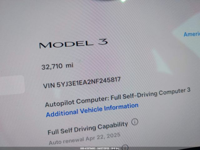 5YJ3E1EA2NF245817 Tesla Model 3 Rear-wheel Drive