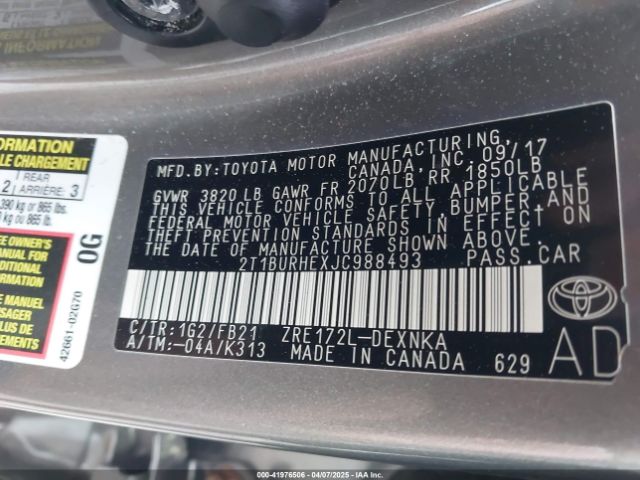 2T1BURHEXJC988493 Toyota COROLLA LE
