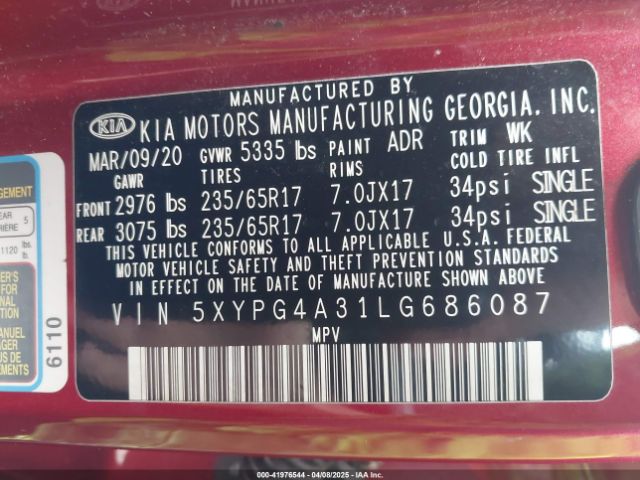 5XYPG4A31LG686087 KIA Sorento 2.4l Lx