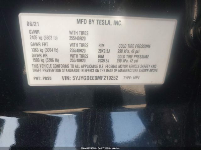 5YJYGDEE0MF219252 Tesla Model Y Long Range Dual Motor All-wheel Drive