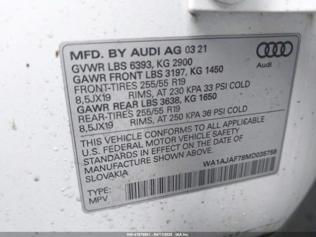 WA1AJAF78MD035759 Audi Q7 Premium 45 Tfsi Quattro Tiptronic