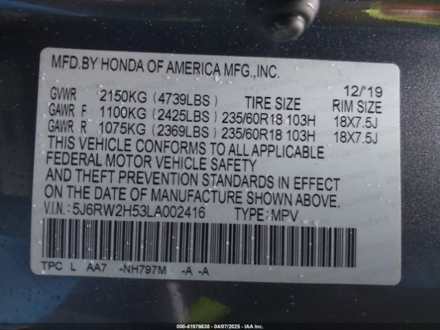 5J6RW2H53LA002416 Honda Cr-v Awd Ex