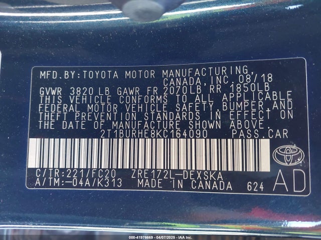 2T1BURHE8KC164090 Toyota COROLLA SE