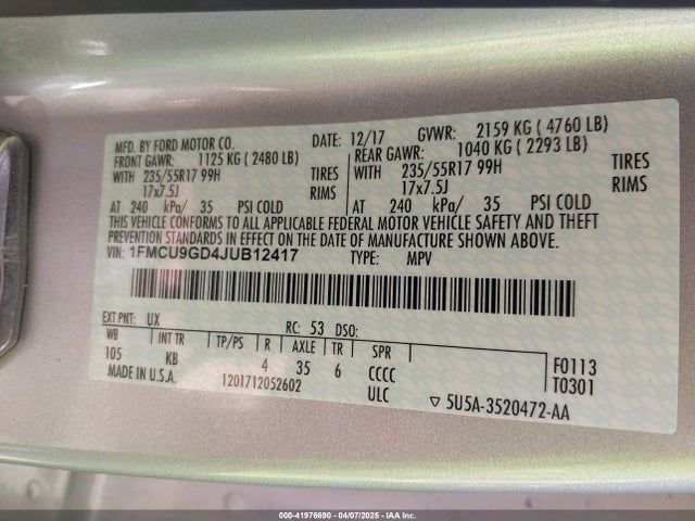 1FMCU9GD4JUB12417 Ford ESCAPE SE