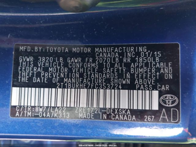 2T1BURHE7FC353724 Toyota Corolla S Premium