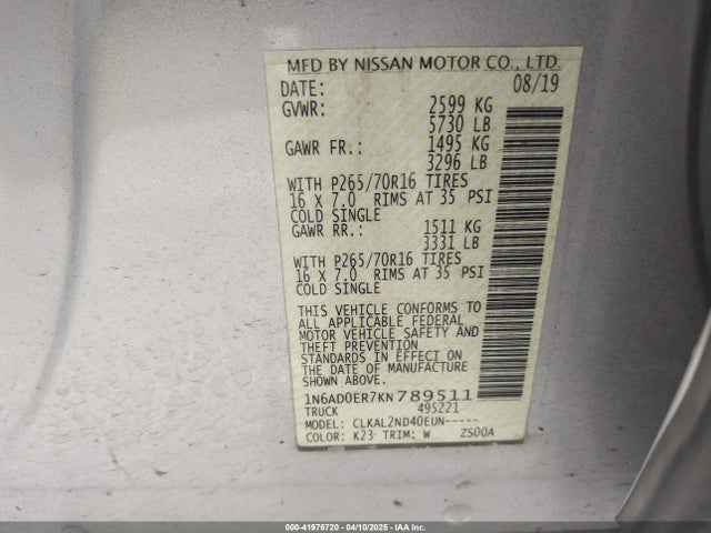 1N6AD0ER7KN789511 Nissan Frontier Sv