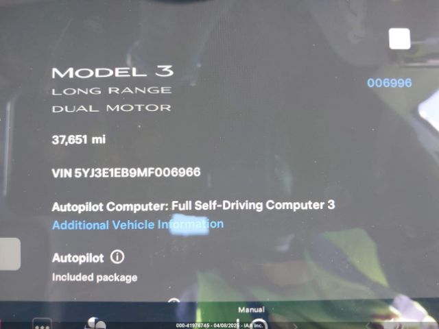 5YJ3E1EB9MF006966 Tesla Model 3 Long Range Dual Motor All-wheel Drive