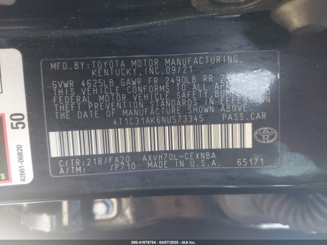 4T1C31AK6NU573345 Toyota Camry Le Hybrid
