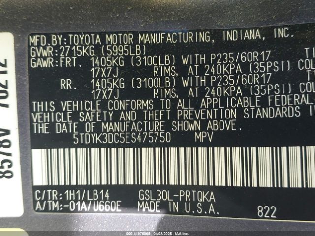 5TDYK3DC5ES475750 Toyota Sienna Xle V6 8 Passenger