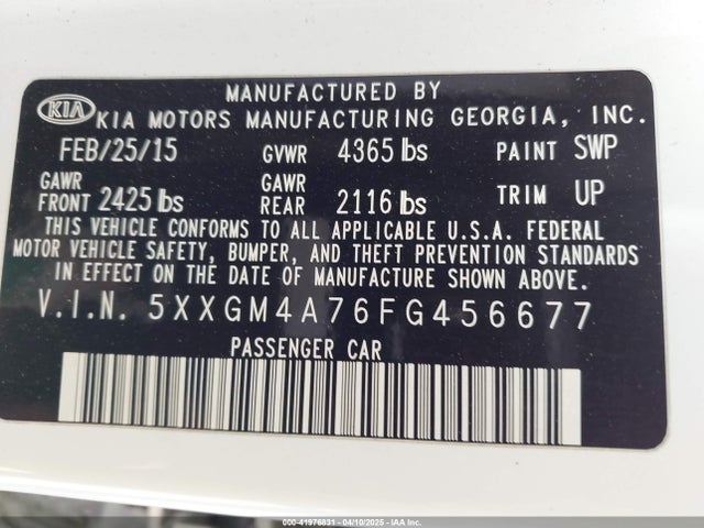 5XXGM4A76FG456677 KIA Optima Lx