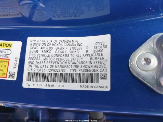 2HGFE1F72PH322183 Honda Civic Ex /ex W/o Bsi