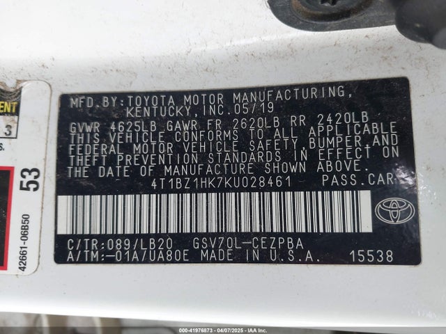 4T1BZ1HK7KU028461 Toyota Camry Xse V6