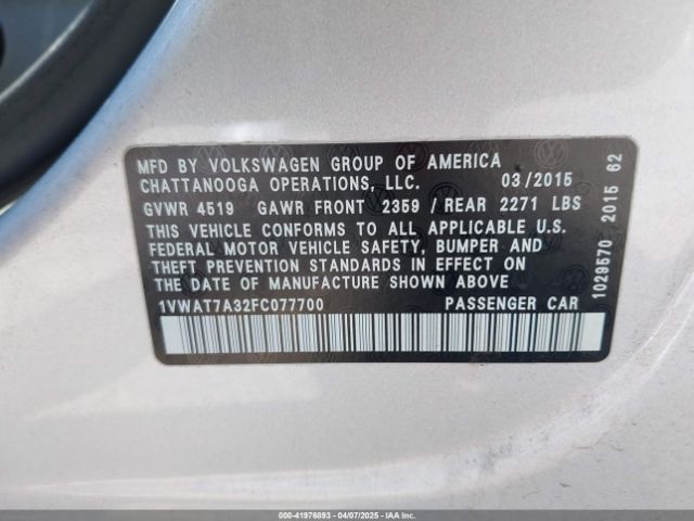 1VWAT7A32FC077700 Volkswagen Passat 1.8t Wolfsburg Edition