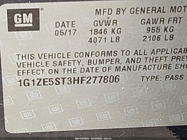 1G1ZE5ST3HF277806 Chevrolet MALIBU 1LT