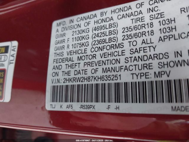 2HKRW2H87KH635251 Honda Cr-v Ex-l