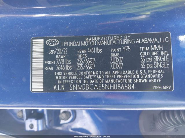5NMJBCAE5NH086584 Hyundai TUCSON SEL