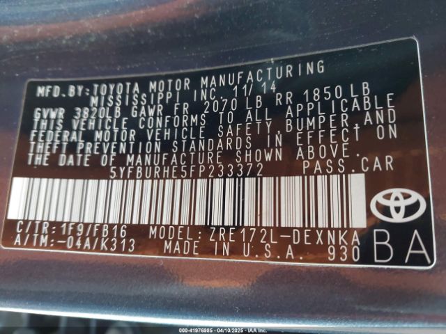 5YFBURHE5FP233372 Toyota Corolla Le Plus