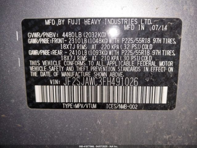 JF2SJAWC3FH491026 Subaru Forester 2.5i Touring