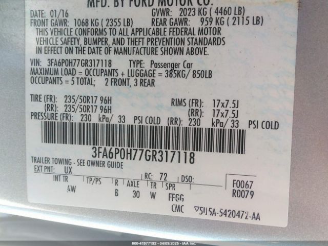 3FA6P0H77GR317118 Ford FUSION SE