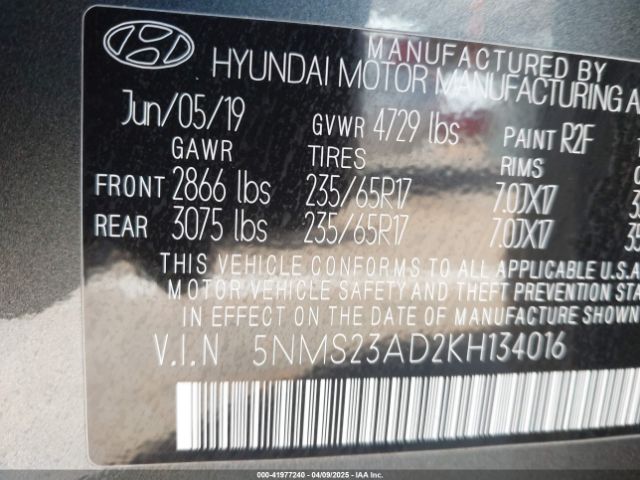 5NMS23AD2KH134016 Hyundai Santa Fe Se