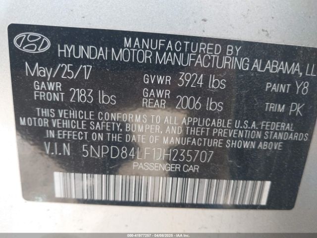 5NPD84LF1JH235707 Hyundai ELANTRA SEL
