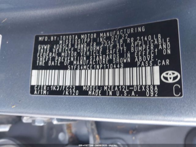 5YFS4MCE1NP110449 Toyota COROLLA SE