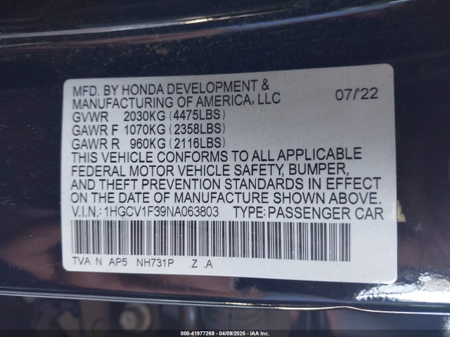 1HGCV1F39NA063803 Honda Accord Sport