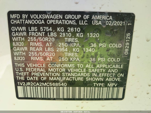 1V2JR2CA2MC568540 Volkswagen Atlas 3.6l V6 Se W/technology
