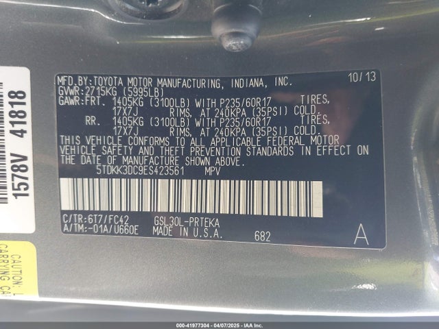 Продаж на аукціоні авто 2014 Toyota Sienna Le V6 8 Passenger, vin: 5TDKK3DC9ES423561, номер лоту: 41977304