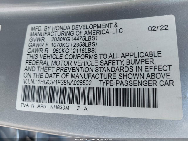 1HGCV1F38NA026502 Honda Accord Sport