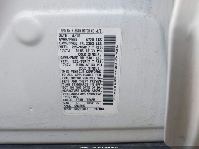 JN8AT2MV7KW400400 Nissan ROGUE SV