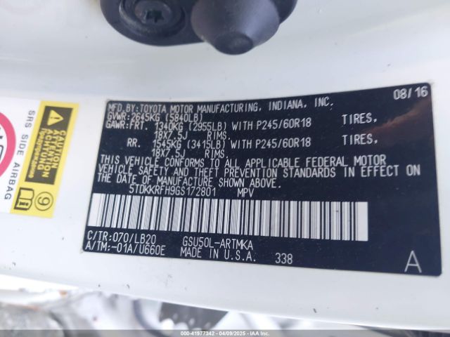 5TDKKRFH9GS172801 Toyota Highlander Xle V6