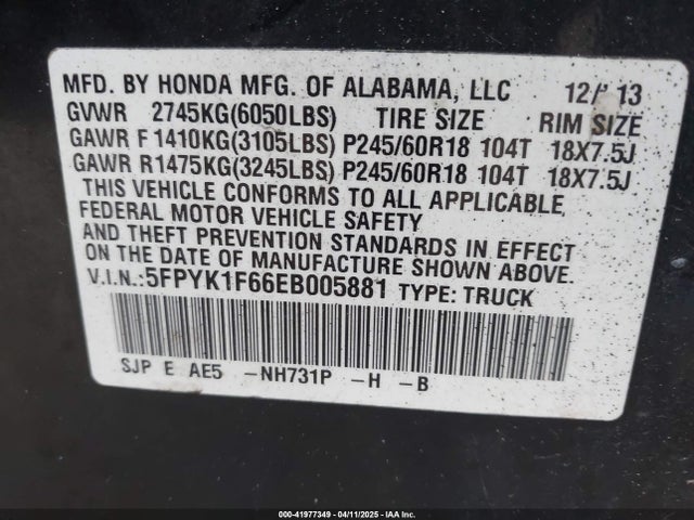 5FPYK1F66EB005881 Honda Ridgeline Se