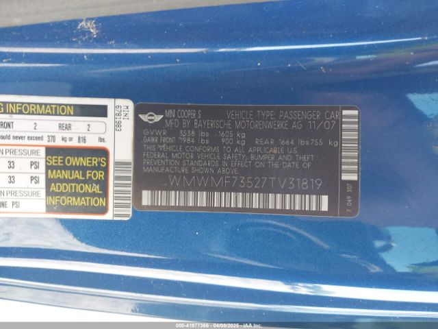 2007 MINI COOPER S WMWMF73527TV31819 Photo 8