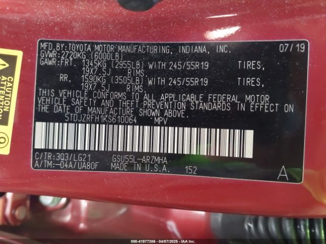 5TDJZRFH1KS610064 Toyota Highlander Se