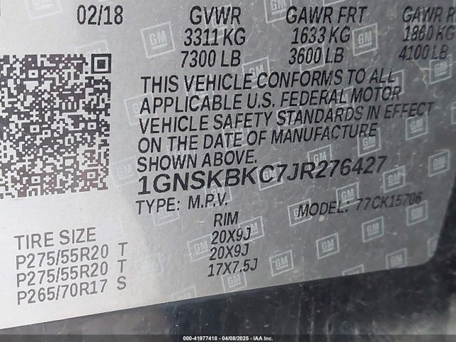 1GNSKBKC7JR276427 Chevrolet Tahoe Lt