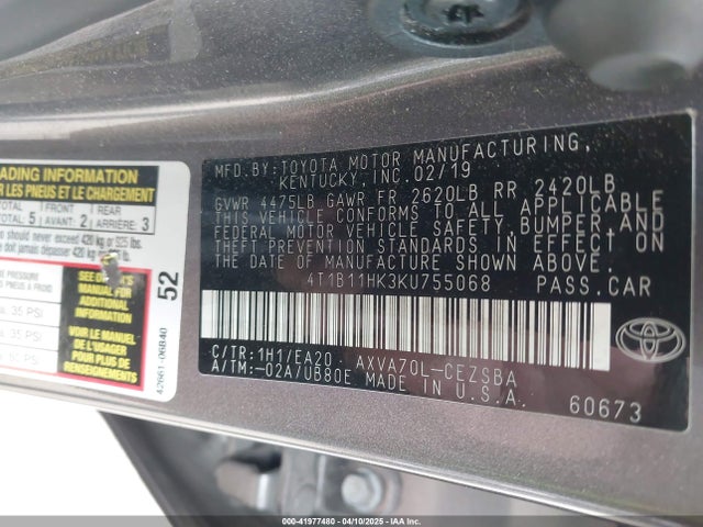 4T1B11HK3KU755068 Toyota CAMRY SE