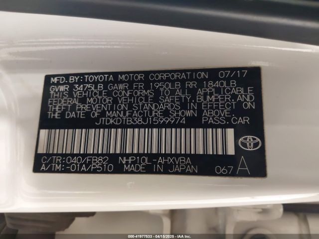 JTDKDTB38J1599974 Toyota Prius C Two
