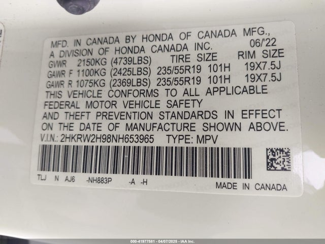 2HKRW2H98NH653965 Honda Cr-v Awd Touring