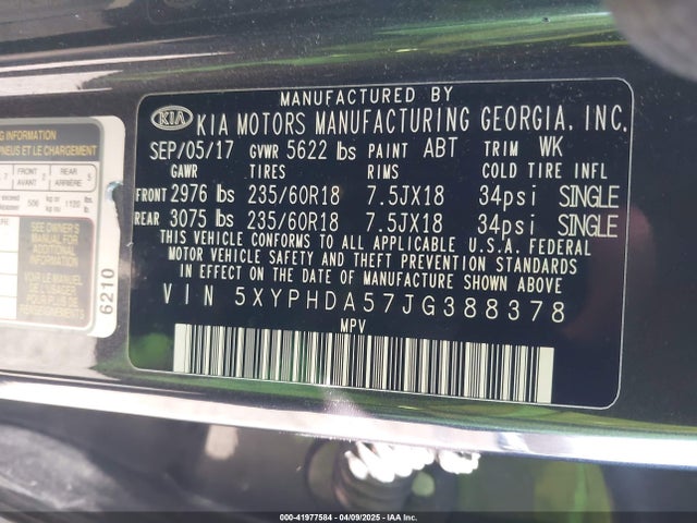 5XYPHDA57JG388378 KIA Sorento 3.3l Ex